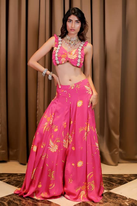 Foram Patel Pink Natural Crepe Printed Floral Sweetheart Blouse And Sharara Set 