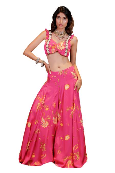 Buy Foram Patel Pink Crepe Beads Sweetheart Neck Floral Print Blouse And Sharara Set Online at Aza Fashions Buy_Foram Patel_Pink Crepe Beads Sweetheart Neck Floral Print Blouse And Sharara Set_Online_at_Aza_Fashions