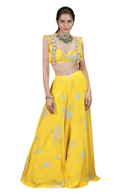 Buy Foram Patel Yellow Crepe Embroidery Sweetheart Neck Floral Pattern Blouse And Sharara Set Online at Aza Fashions Buy_Foram Patel_Yellow Crepe Embroidery Sweetheart Neck Floral Pattern Blouse And Sharara Set_Online_at_Aza_Fashions
