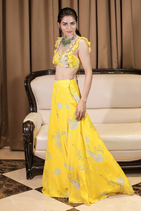 Shop Foram Patel Yellow Crepe Embroidery Sweetheart Neck Floral Pattern Blouse And Sharara Set Online at Aza Fashions Shop_Foram Patel_Yellow Crepe Embroidery Sweetheart Neck Floral Pattern Blouse And Sharara Set_Online_at_Aza_Fashions
