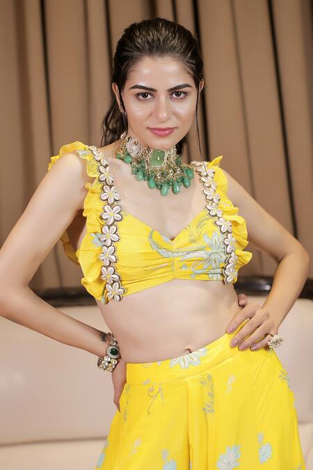 Foram Patel Yellow Crepe Embroidery Sweetheart Neck Floral Pattern Blouse And Sharara Set at Aza Fashions Foram Patel_Yellow Crepe Embroidery Sweetheart Neck Floral Pattern Blouse And Sharara Set_at_Aza_Fashions