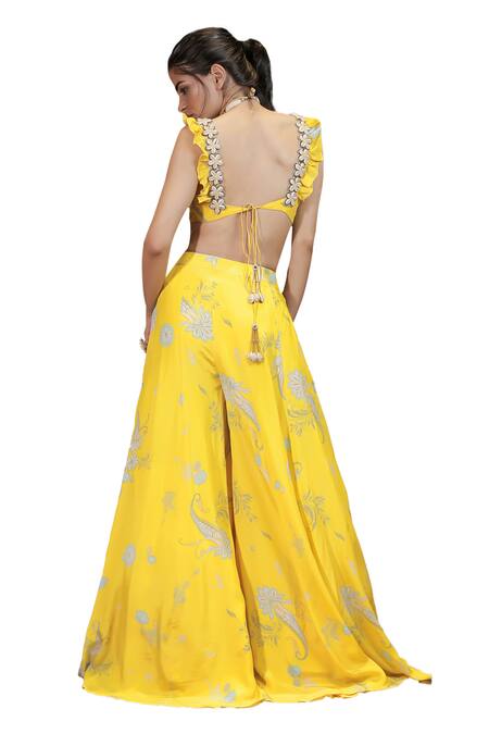 Shop Foram Patel Yellow Crepe Embroidery Sweetheart Neck Floral Pattern Blouse And Sharara Set Shop_Foram Patel_Yellow Crepe Embroidery Sweetheart Neck Floral Pattern Blouse And Sharara Set