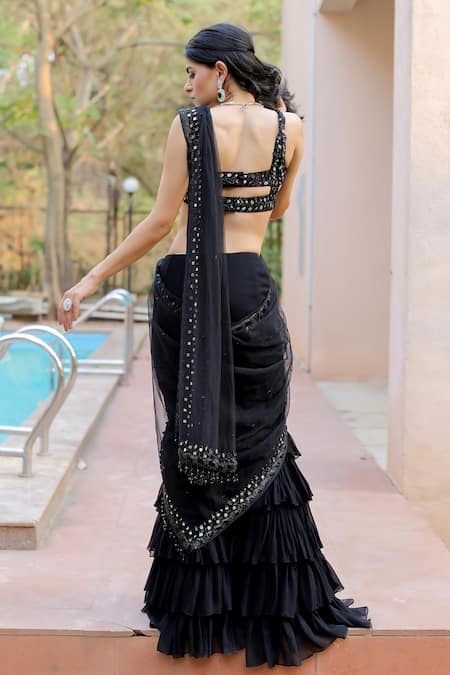 Shop Foram Patel Black Net, Georgette Beads, Border Ruffle Pre-draped Skirt Saree With Blouse at Aza Fashions Shop_Foram Patel_Black Net, Georgette Beads, Border Ruffle Pre-draped Skirt Saree With Blouse_at_Aza_Fashions