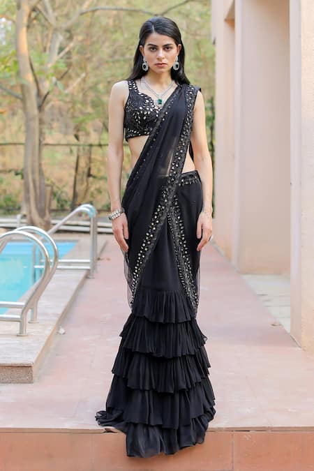 Buy Foram Patel Black Net, Georgette Beads, Border Ruffle Pre-draped Skirt Saree With Blouse Online at Aza Fashions Buy_Foram Patel_Black Net, Georgette Beads, Border Ruffle Pre-draped Skirt Saree With Blouse_Online_at_Aza_Fashions
