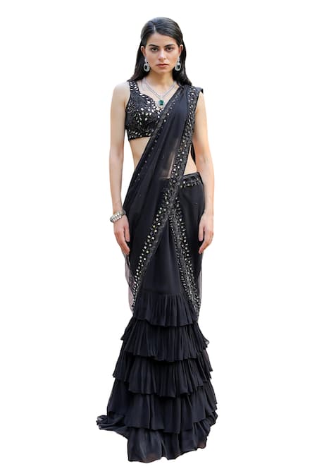 Shop Foram Patel Black Net, Georgette Beads, Border Ruffle Pre-draped Skirt Saree With Blouse Online at Aza Fashions Shop_Foram Patel_Black Net, Georgette Beads, Border Ruffle Pre-draped Skirt Saree With Blouse_Online_at_Aza_Fashions