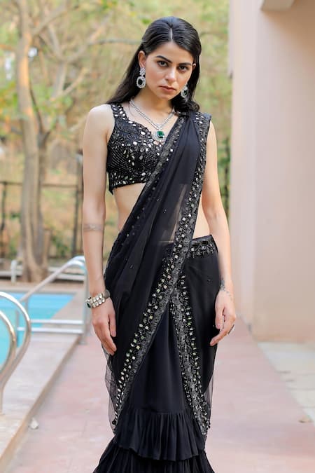 Foram Patel Black Net, Georgette Beads, Border Ruffle Pre-draped Skirt Saree With Blouse at Aza Fashions Foram Patel_Black Net, Georgette Beads, Border Ruffle Pre-draped Skirt Saree With Blouse_at_Aza_Fashions