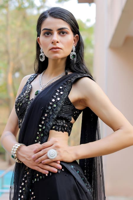 Buy Foram Patel Black Net, Georgette Beads, Border Ruffle Pre-draped Skirt Saree With Blouse Buy_Foram Patel_Black Net, Georgette Beads, Border Ruffle Pre-draped Skirt Saree With Blouse