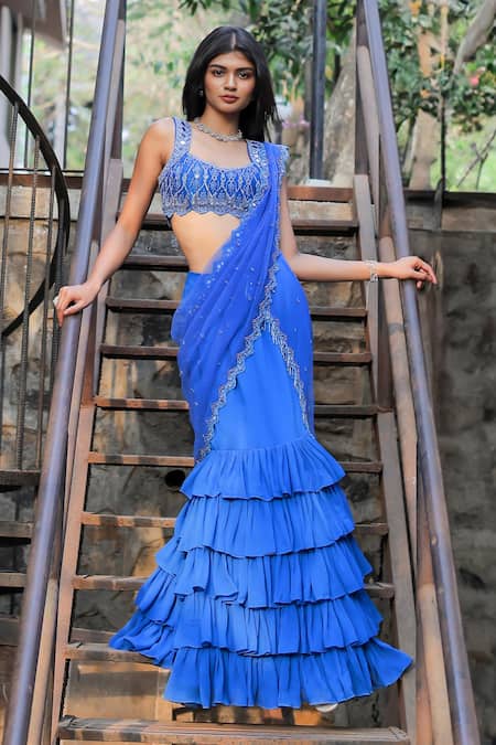 Foram Patel Blue Georgette Hand Border Ruffle Pre-draped Skirt Saree With Blouse 