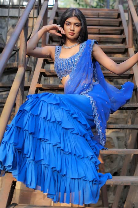 Foram Patel_Blue Net, Georgette, Linen Beads, Mirrors, Ruffled Skirt Saree And Blouse Set_Online_at_Aza_Fashions