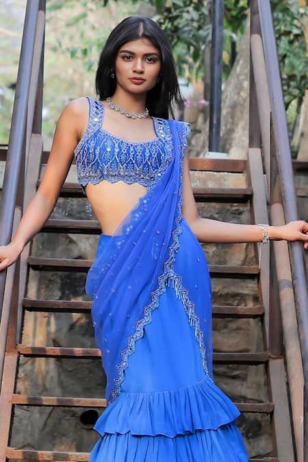 Buy_Foram Patel_Blue Net, Georgette, Linen Beads, Mirrors, Ruffled Skirt Saree And Blouse Set_Online_at_Aza_Fashions