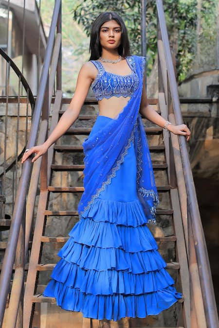 Shop_Foram Patel_Blue Net, Georgette, Linen Beads, Mirrors, Ruffled Skirt Saree And Blouse Set_Online_at_Aza_Fashions