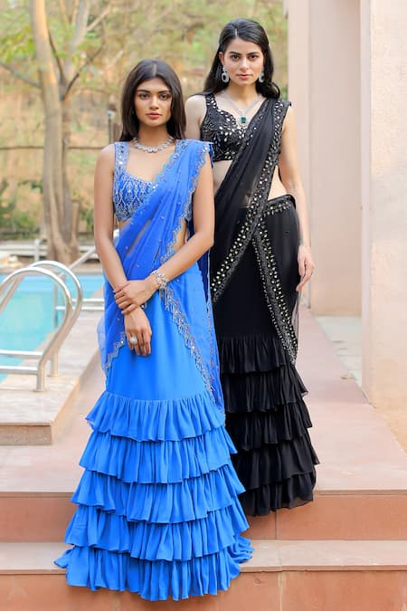 Foram Patel_Blue Net, Georgette, Linen Beads, Mirrors, Ruffled Skirt Saree And Blouse Set_at_Aza_Fashions