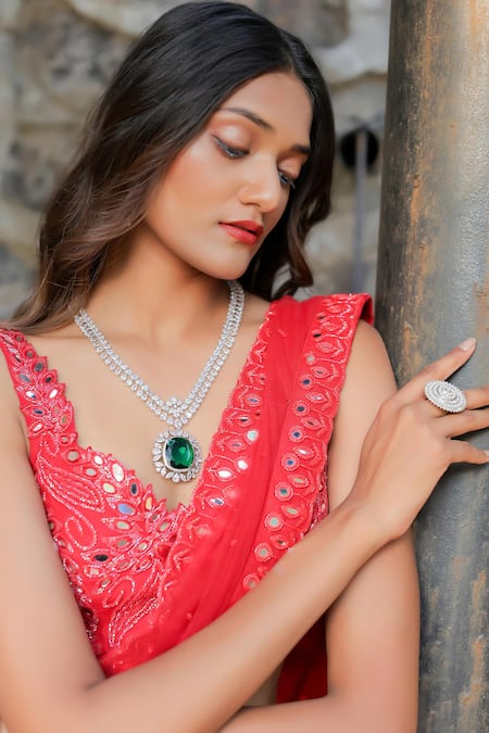 Buy_Foram Patel_Red Net, Linen, Border Hand Work Ruffle Pre-draped Skirt Saree With Blouse_Online_at_Aza_Fashions