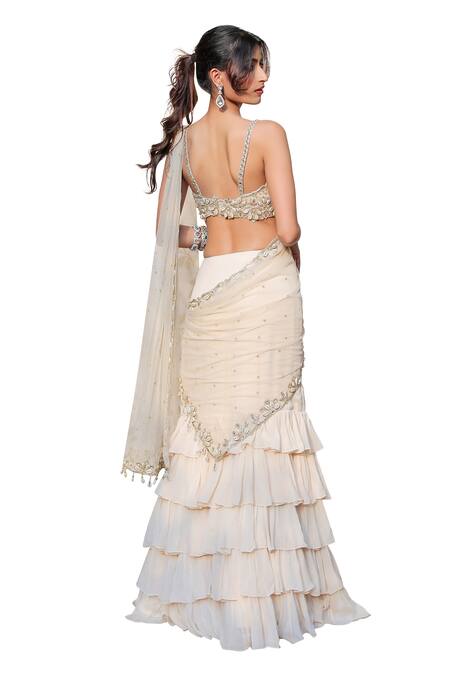 Buy_Foram Patel_Cream Net, Georgette, Border Work Ruffle Pre-draped Skirt Saree With Blouse