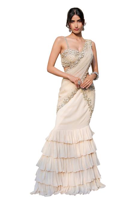 Shop_Foram Patel_Cream Net, Georgette, Border Work Ruffle Pre-draped Skirt Saree With Blouse