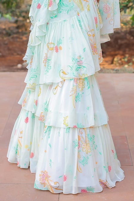 Foram Patel_White Georgette, Linen Floral Print Ruffle Pre-draped Saree With Blouse_Online_at_Aza_Fashions