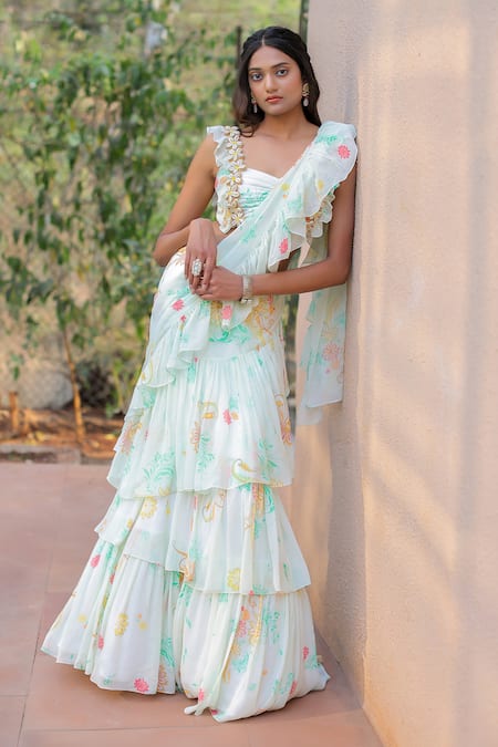 Buy_Foram Patel_White Georgette, Linen Floral Print Ruffle Pre-draped Saree With Blouse_Online_at_Aza_Fashions