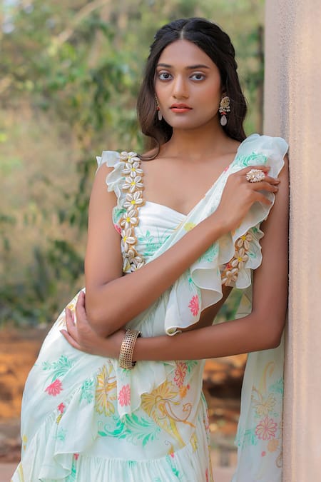 Shop_Foram Patel_White Georgette, Linen Floral Print Ruffle Pre-draped Saree With Blouse_Online_at_Aza_Fashions