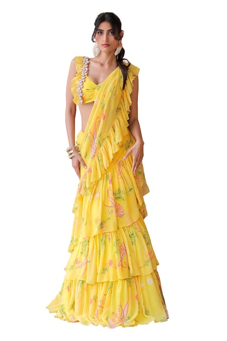 Foram Patel_Yellow Georgette Embroidery Floral Pattern Ruffle Pre-draped Saree With Blouse_Online_at_Aza_Fashions