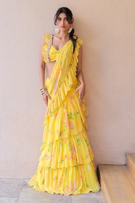 Buy_Foram Patel_Yellow Georgette Embroidery Floral Pattern Ruffle Pre-draped Saree With Blouse_Online_at_Aza_Fashions