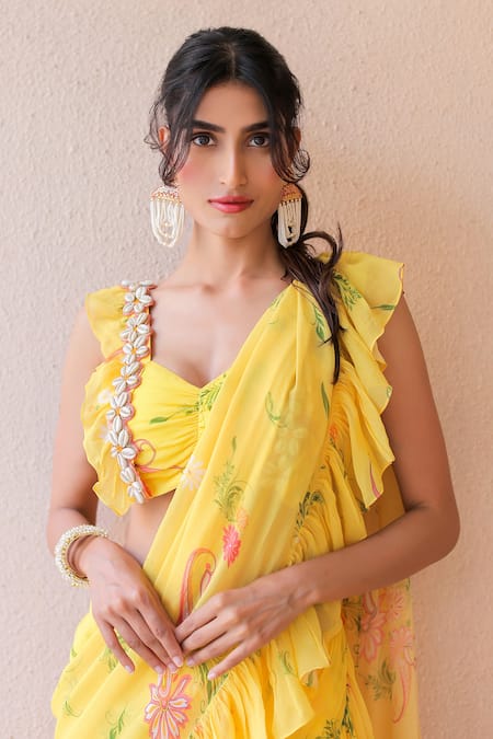 Shop_Foram Patel_Yellow Georgette Embroidery Floral Pattern Ruffle Pre-draped Saree With Blouse_Online_at_Aza_Fashions