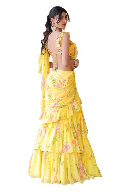 Foram Patel_Yellow Georgette Embroidery Floral Pattern Ruffle Pre-draped Saree With Blouse_at_Aza_Fashions