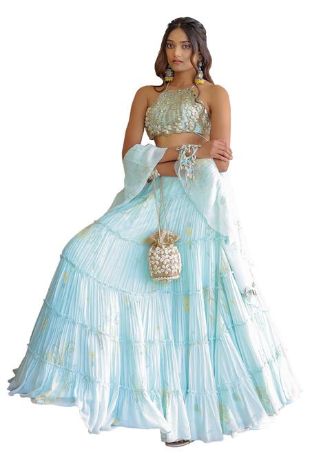 Foram Patel Blue Net, Georgette, Linen Mirrors, Beads, Paisley Print Tiered Lehenga Set Online at Aza Fashions Foram Patel_Blue Net, Georgette, Linen Mirrors, Beads, Paisley Print Tiered Lehenga Set_Online_at_Aza_Fashions