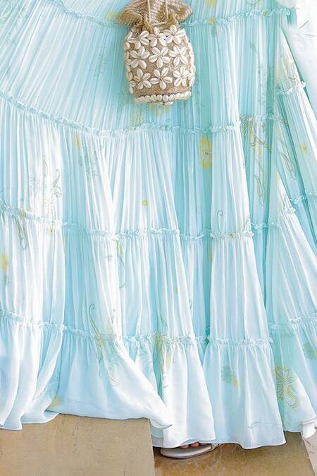 Buy Foram Patel Blue Net, Georgette, Linen Mirrors, Beads, Paisley Print Tiered Lehenga Set Online at Aza Fashions Buy_Foram Patel_Blue Net, Georgette, Linen Mirrors, Beads, Paisley Print Tiered Lehenga Set_Online_at_Aza_Fashions