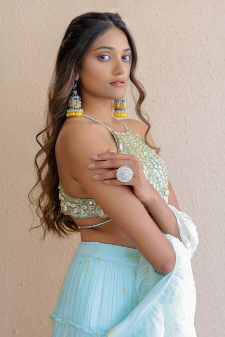 Foram Patel Blue Net, Georgette, Linen Mirrors, Beads, Paisley Print Tiered Lehenga Set at Aza Fashions Foram Patel_Blue Net, Georgette, Linen Mirrors, Beads, Paisley Print Tiered Lehenga Set_at_Aza_Fashions