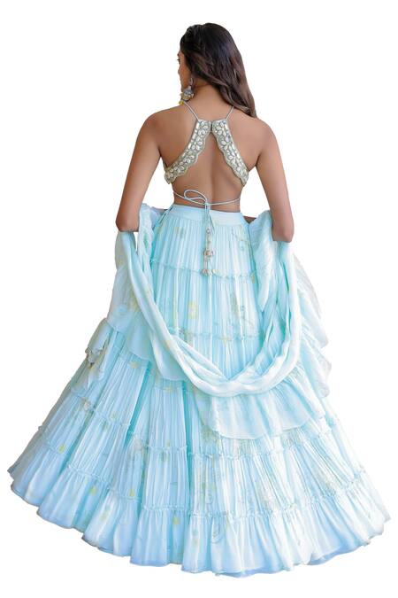 Buy Foram Patel Blue Net, Georgette, Linen Mirrors, Beads, Paisley Print Tiered Lehenga Set Buy_Foram Patel_Blue Net, Georgette, Linen Mirrors, Beads, Paisley Print Tiered Lehenga Set