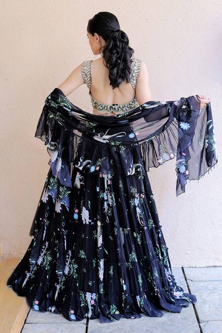 Shop Foram Patel Black Net, Georgette, Linen Mirrors, Beads, Crystals Printed Tiered Lehenga Set at Aza Fashions Shop_Foram Patel_Black Net, Georgette, Linen Mirrors, Beads, Crystals Printed Tiered Lehenga Set_at_Aza_Fashions
