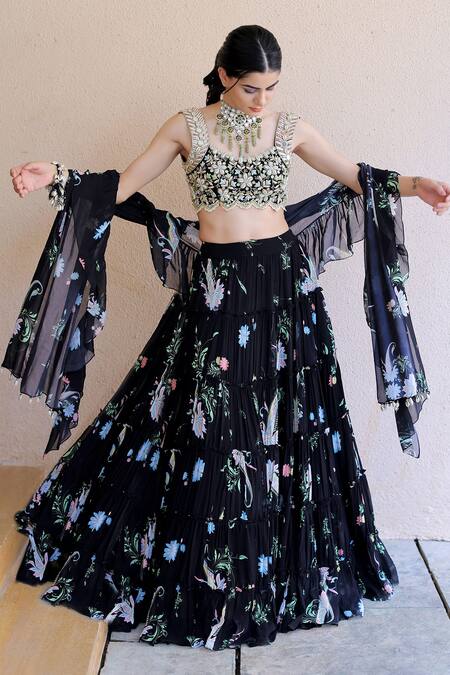 Foram Patel Black Net, Georgette, Linen Mirrors, Beads, Crystals Printed Tiered Lehenga Set Online at Aza Fashions Foram Patel_Black Net, Georgette, Linen Mirrors, Beads, Crystals Printed Tiered Lehenga Set_Online_at_Aza_Fashions