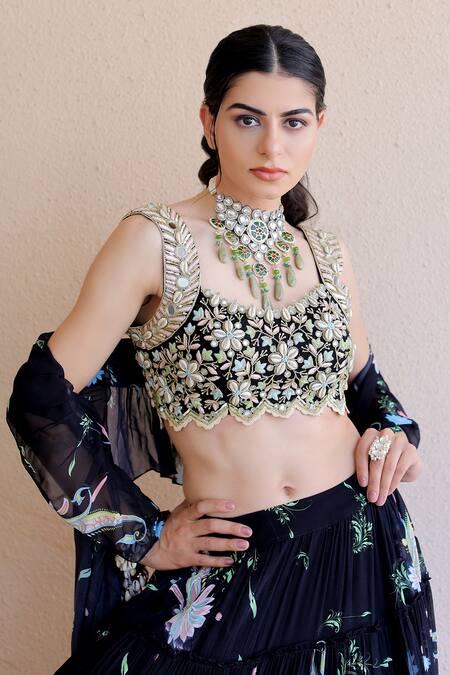 Shop Foram Patel Black Net, Georgette, Linen Mirrors, Beads, Crystals Printed Tiered Lehenga Set Online at Aza Fashions Shop_Foram Patel_Black Net, Georgette, Linen Mirrors, Beads, Crystals Printed Tiered Lehenga Set_Online_at_Aza_Fashions