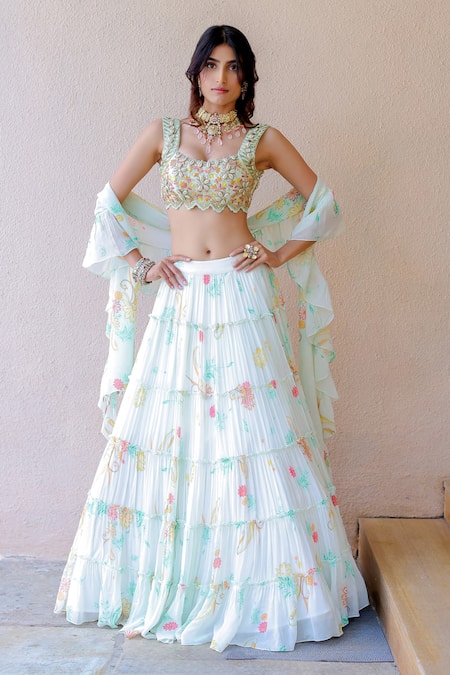 Foram Patel White Printed Tiered Lehenga Set 