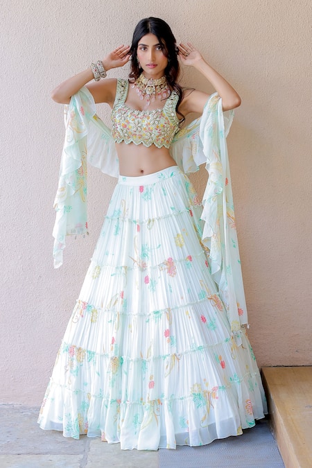 Shop Foram Patel White Net, Georgette, Linen Mirrors, Beads, Printed Tiered Lehenga Set at Aza Fashions Shop_Foram Patel_White Net, Georgette, Linen Mirrors, Beads, Printed Tiered Lehenga Set_at_Aza_Fashions