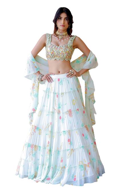 Foram Patel White Net, Georgette, Linen Mirrors, Beads, Printed Tiered Lehenga Set Online at Aza Fashions Foram Patel_White Net, Georgette, Linen Mirrors, Beads, Printed Tiered Lehenga Set_Online_at_Aza_Fashions
