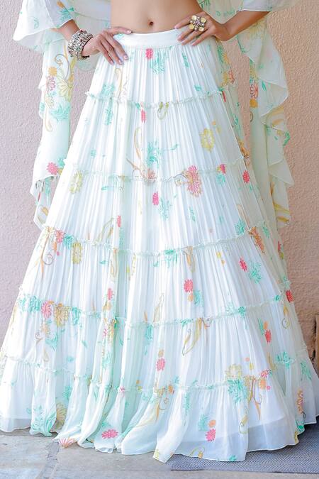 Buy Foram Patel White Net, Georgette, Linen Mirrors, Beads, Printed Tiered Lehenga Set Online at Aza Fashions Buy_Foram Patel_White Net, Georgette, Linen Mirrors, Beads, Printed Tiered Lehenga Set_Online_at_Aza_Fashions