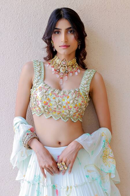 Shop Foram Patel White Net, Georgette, Linen Mirrors, Beads, Printed Tiered Lehenga Set Online at Aza Fashions Shop_Foram Patel_White Net, Georgette, Linen Mirrors, Beads, Printed Tiered Lehenga Set_Online_at_Aza_Fashions