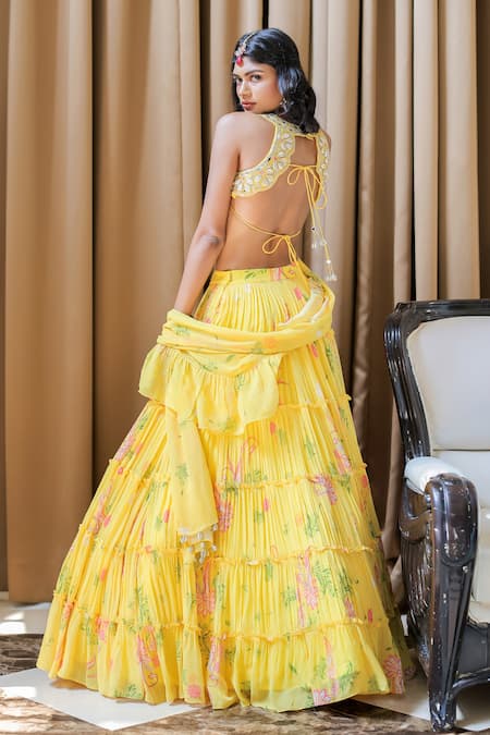 Shop Foram Patel Yellow Net, Georgette, Linen Mirrors, Beads, Printed Tiered Lehenga Set at Aza Fashions Shop_Foram Patel_Yellow Net, Georgette, Linen Mirrors, Beads, Printed Tiered Lehenga Set_at_Aza_Fashions