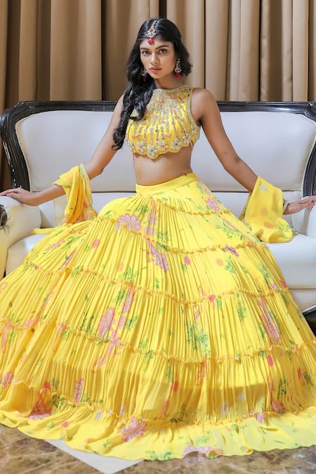 Foram Patel Yellow Net, Georgette, Linen Mirrors, Beads, Printed Tiered Lehenga Set Online at Aza Fashions Foram Patel_Yellow Net, Georgette, Linen Mirrors, Beads, Printed Tiered Lehenga Set_Online_at_Aza_Fashions
