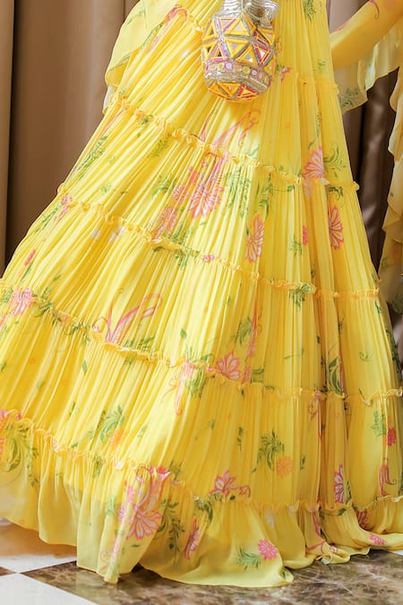 Shop Foram Patel Yellow Net, Georgette, Linen Mirrors, Beads, Printed Tiered Lehenga Set Online at Aza Fashions Shop_Foram Patel_Yellow Net, Georgette, Linen Mirrors, Beads, Printed Tiered Lehenga Set_Online_at_Aza_Fashions