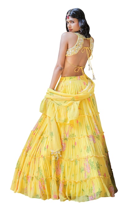 Foram Patel Yellow Net, Georgette, Linen Mirrors, Beads, Printed Tiered Lehenga Set at Aza Fashions Foram Patel_Yellow Net, Georgette, Linen Mirrors, Beads, Printed Tiered Lehenga Set_at_Aza_Fashions