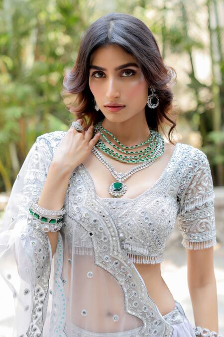 Foram Patel Grey Organza, Net, Linen Embroidery, Mirrors Round Neck Hand Lehenga Set at Aza Fashions Foram Patel_Grey Organza, Net, Linen Embroidery, Mirrors Round Neck Hand Lehenga Set_at_Aza_Fashions