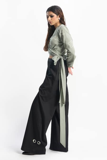 Shop Sahil Kochhar Green Linen Sequins, Pearls V-neck Alaya Wrap Embroidered Top at Aza Fashions Shop_Sahil Kochhar_Green Linen Sequins, Pearls V-neck Alaya Wrap Embroidered Top _at_Aza_Fashions