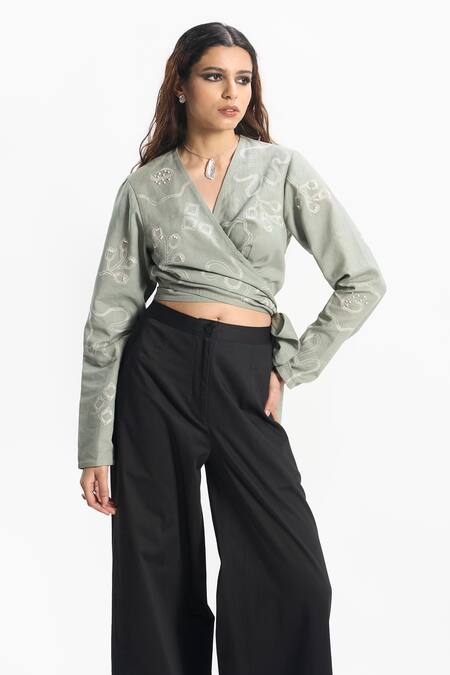 Sahil Kochhar Green Linen Sequins, Pearls V-neck Alaya Wrap Embroidered Top Online at Aza Fashions Sahil Kochhar_Green Linen Sequins, Pearls V-neck Alaya Wrap Embroidered Top _Online_at_Aza_Fashions