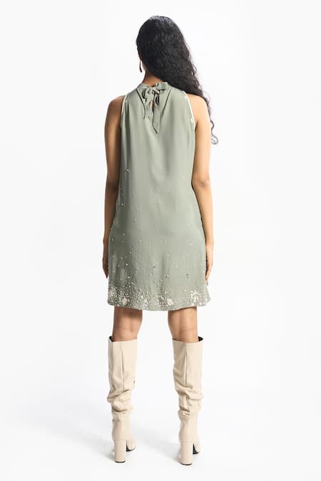 Shop Sahil Kochhar Green Viscose, Crepe Beads, Sequins Halter Neck Alice Dress at Aza Fashions Shop_Sahil Kochhar_Green Viscose, Crepe Beads, Sequins Halter Neck Alice Dress _at_Aza_Fashions