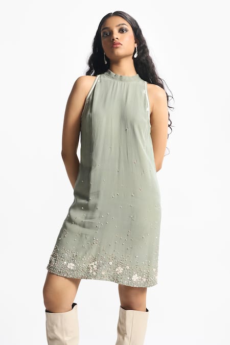 Sahil Kochhar Green Viscose, Crepe Beads, Sequins Halter Neck Alice Dress Online at Aza Fashions Sahil Kochhar_Green Viscose, Crepe Beads, Sequins Halter Neck Alice Dress _Online_at_Aza_Fashions