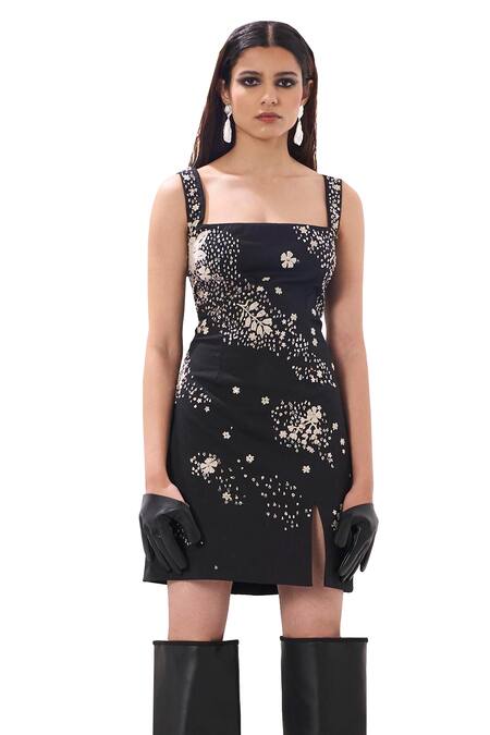 Buy Sahil Kochhar Black Cotton Satin Embroidered 3d Applique Alithea Sequin Short Dress Online at Aza Fashions Buy_Sahil Kochhar_Black Cotton Satin Embroidered 3d Applique Alithea Sequin Short Dress _Online_at_Aza_Fashions
