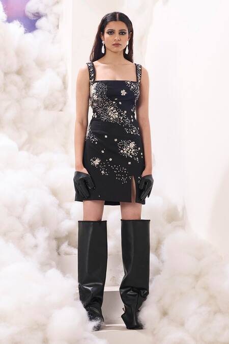 Shop Sahil Kochhar Black Cotton Satin Embroidered 3d Applique Alithea Sequin Short Dress Online at Aza Fashions Shop_Sahil Kochhar_Black Cotton Satin Embroidered 3d Applique Alithea Sequin Short Dress _Online_at_Aza_Fashions