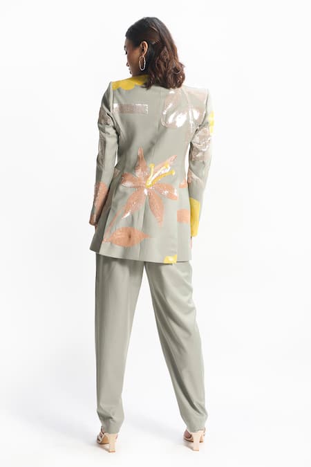 Shop Sahil Kochhar Green Suiting Embroidered Sequin Lapel Collar Ariel Blazer at Aza Fashions Shop_Sahil Kochhar_Green Suiting Embroidered Sequin Lapel Collar Ariel Blazer _at_Aza_Fashions